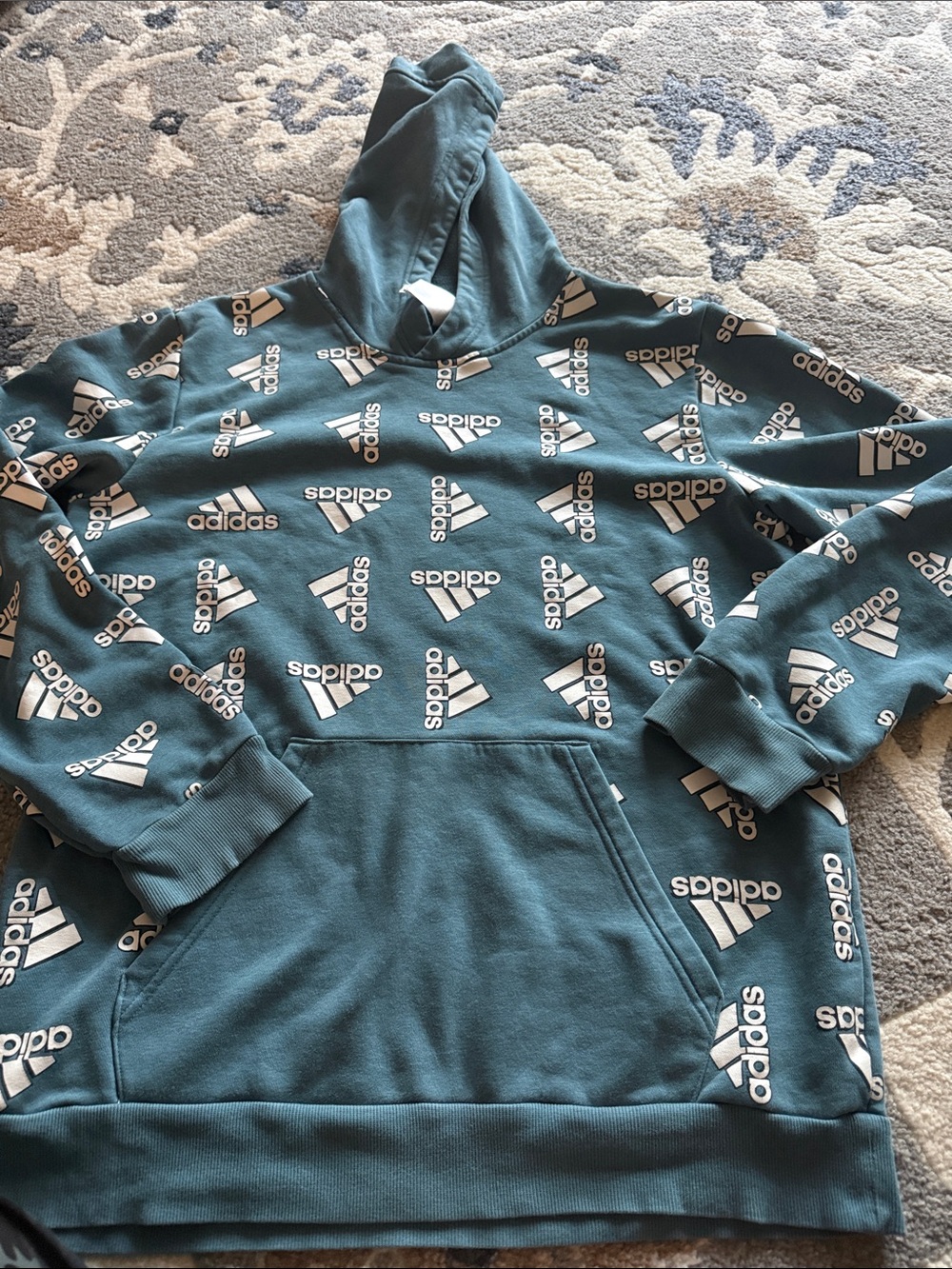 adidas  Allover Logo Pullover Hoodie size M tight fitting cotton teal color
